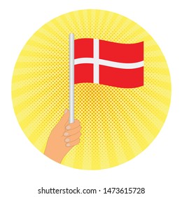 hand hold  Denmark flag. Hand holding a Denmark flag - vector icon.  RETRO STYLE