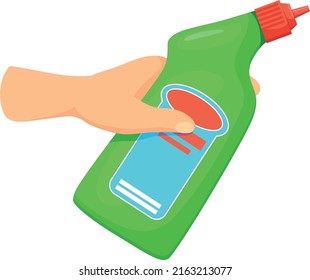 Botella de detergente con mano. Icono de dibujo animado líquido de limpieza aislado en fondo blanco