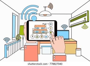 Hand Hold Digital Tablet With Smart Home Control System Application Over Modern House Interior Background Vector Illustration