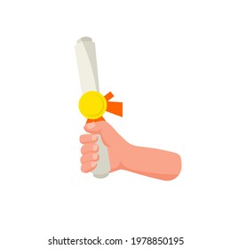 Hand hold diploma. Graduation from high school and university. Obtaining knowledge and education. Paper roll document. Flat cartoon