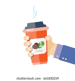 Hand hold a disposable coffee cup. Flat, isolated, on white background