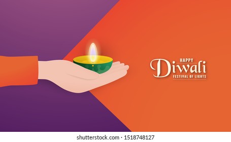 Hand hold diyas. Diwali is festival of lights of Hindu for invitation background, web banner, advertisement. 3D Vector illustration design in paper cut and craft style.