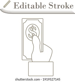Hand Hold Dollar Banknote Icon. Editable Stroke Simple Design. Vector Illustration.