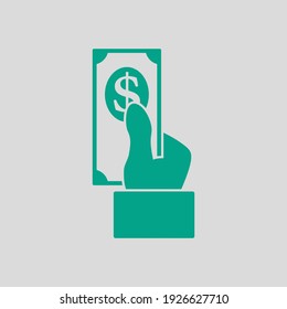Hand Hold Dollar Banknote Symbol. Grün auf grauem Hintergrund. Vektorgrafik.