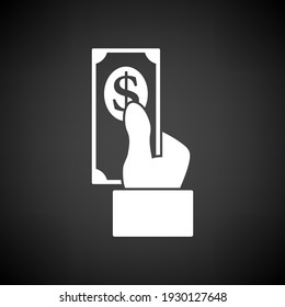 Icono De Billete En Dólar Mano. Blanco sobre fondo negro. Ilustración vectorial.