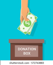 Hand hold dollar banknotes. Putting money in donation box. Donation money concept. Funding charity projects. Flat vector cartoon illustration for web banner, sites, infographics, advertising design.