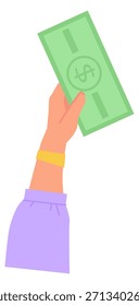 Mano sostiene el billete de un dólar. Icono de color de pago