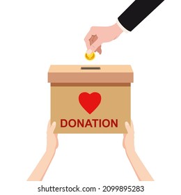 Hand hold Donation Box with hed heart, money. Depositing in a paper container with text banner donation. Vector illustration