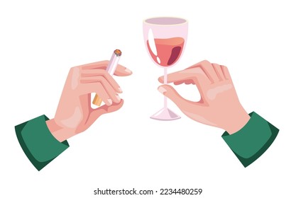 Aguja de la mano bebida Vidrio rojo y cigarrillo aislado en el diseño vectorial de fondo blanco elemento de ilustración gráfica