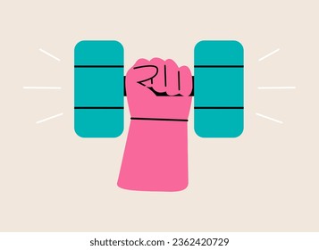 Hand hold dumbbell. Colorful vector illustration
