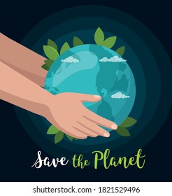Hand hold earth globe isolated on space. Save the Planet concept. Environment poster. Vector