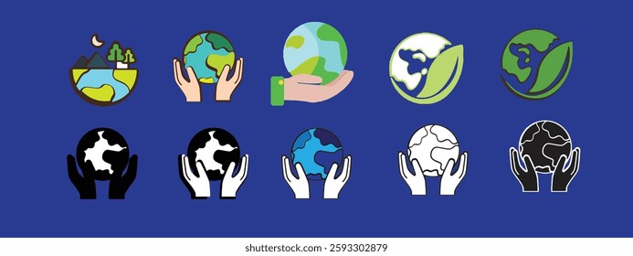 Hand hold earth globe simple line illustration, conceptual icon