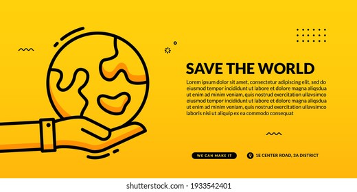  Hand hold earth on yellow background, Save the world social media cover banner template