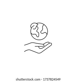 Hand hold earth, planet with tree leaf, ecology concept simple thin line icon vector illustration