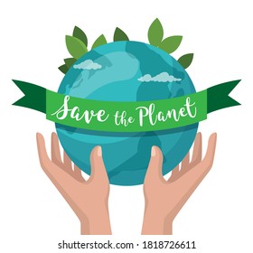 Hand hold earth. Save the Planet concept. Environment poster, Vector illustration