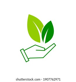 Mano sostiene un icono de hoja de ecología aislado en fondo blanco. Ilustración vectorial para diseño gráfico o contenido ecológico