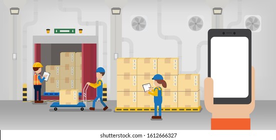 Hand hold empty screen mobile phone in warehouse with workers working flat design vector illustration