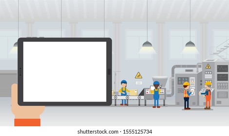 Hand hold empty screen tablet in factory with worker and machine flat design vector illustration