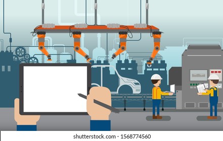Hand Hold Empty Screen Tablet In Automobile Factory With Robot Assembly Line And Engineers Flat Design Vector Illustration