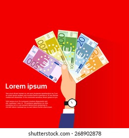 Hand Hold Euro Banknote Pack Flat Design With Shadow Vector Illustration