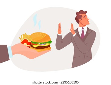 Hand hold fast food burger and fries, male character refuses to trash foodstuff addiction flat vector illustration, isolated on white.