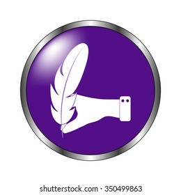 hand hold Feather - vector icon; violet button