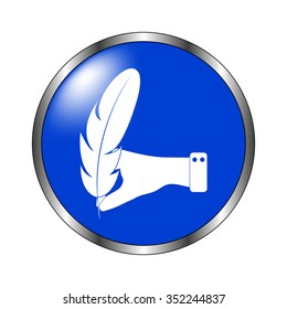 hand hold Feather - vector icon on the blue button