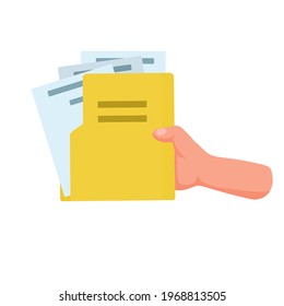 Hand hold file. Yellow folder with documents. Paper pages. Work in the office. Flat cartoon illustration isolated on white