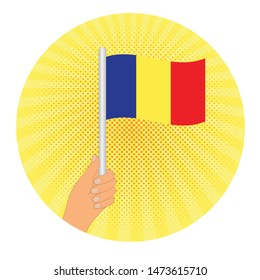 hand hold  Flag of Chad. Hand holding a Chad flag - vector icon.  RETRO STYLE