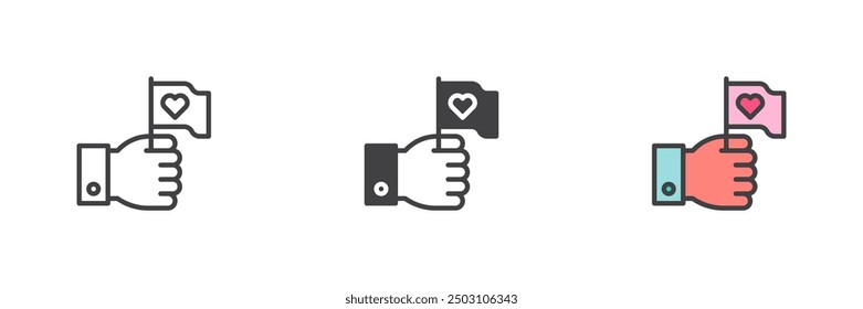 Hand hold flag with heart different style icon set. Line, glyph and filled outline colorful version, outline and filled vector sign. Symbol, logo illustration. Vector graphics