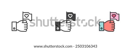 Hand hold flag with heart different style icon set. Line, glyph and filled outline colorful version, outline and filled vector sign. Symbol, logo illustration. Vector graphics