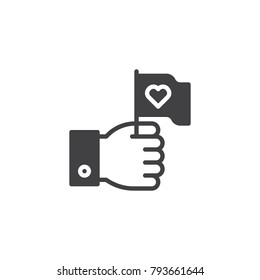 Hand hold flag with heart icon vector, filled flat sign, solid pictogram isolated on white. Love Valentines day symbol, logo illustration.