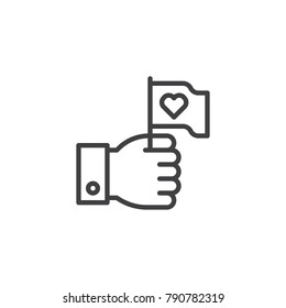 Hand hold flag with heart line icon, outline vector sign, linear style pictogram isolated on white. Love Valentines day symbol, logo illustration. Editable stroke