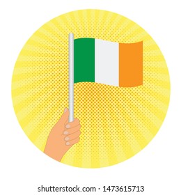 hand hold  Flag of Ireland . Hand holding a Ireland flag - vector icon.  RETRO STYLE