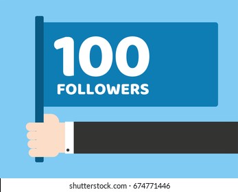 Hand hold flag with message to followers. Followers a Thank You 100