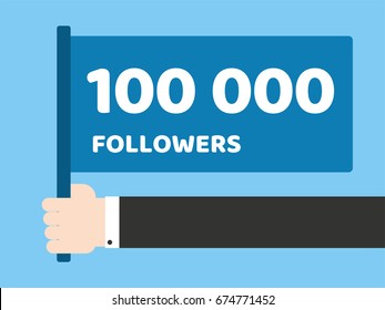 Hand halten Fahne mit Nachricht an Anhänger. Follower - Vielen Dank 100 000