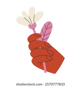 Hand hold flower. Sorry sticker. Vector illustration isolated on white background.