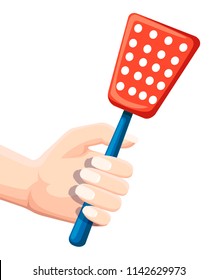 Hand hold fly swatter. Tool for destruction of insects at home. Red swatter with blue handle. Flat vector illustration isolated on white background.