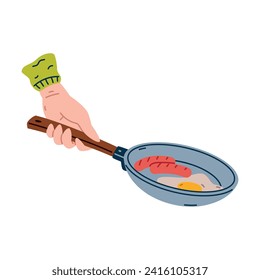 Hand Halten Sie einen Bratpfanne mit Ei und Wurst als kochende Utensil-Vektorgrafik