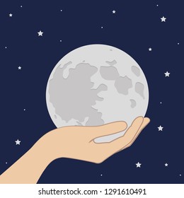 hand hold full moon by starry sky vector illustration EPS10