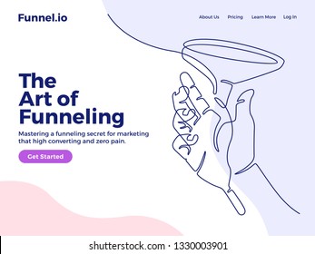hand hold funnel continuous one line art monoline linear illustration for funneling landing page, web banner, social media advertising and presentation