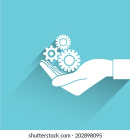 hand hold gear, blue shadow and flat theme