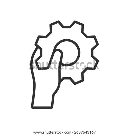 Hand hold a gear, icon in line design. Hand hold a gear, hand, gear, cogwheel, mechanical, engineering, technology on white background vector. Hand hold a gear editable stroke icon