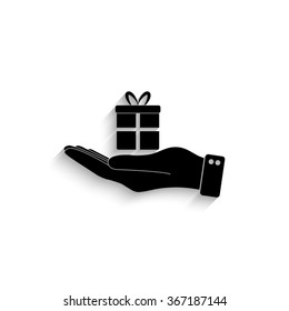 hand hold gift - black vector  icon with shadow