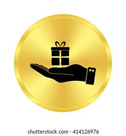 hand hold gift - black vector icon;  golden button