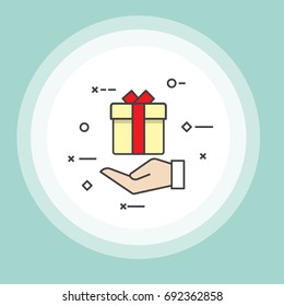 Hand hold gift box, just for you concept. modern flat thin line vector illustration.