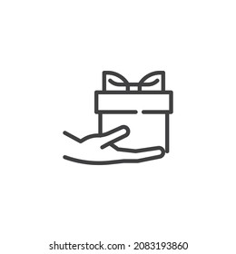 Hand hold gift box line icon. linear style sign for mobile concept and web design. Gift box donation outline vector icon. Symbol, logo illustration. Vector graphics