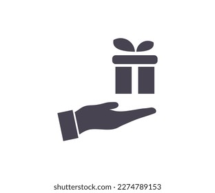 Hand hold gift box simple icon. Gift box with ribbon, giving present, bonuses and surprises concept vector design and illustration.