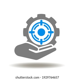 Hand hold and give gear with aim icon vector. Objective business strategy symbol. Goal achievement sign.