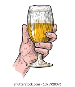 Hand hold a glass of beer. Alcoholic beverage vector illustration